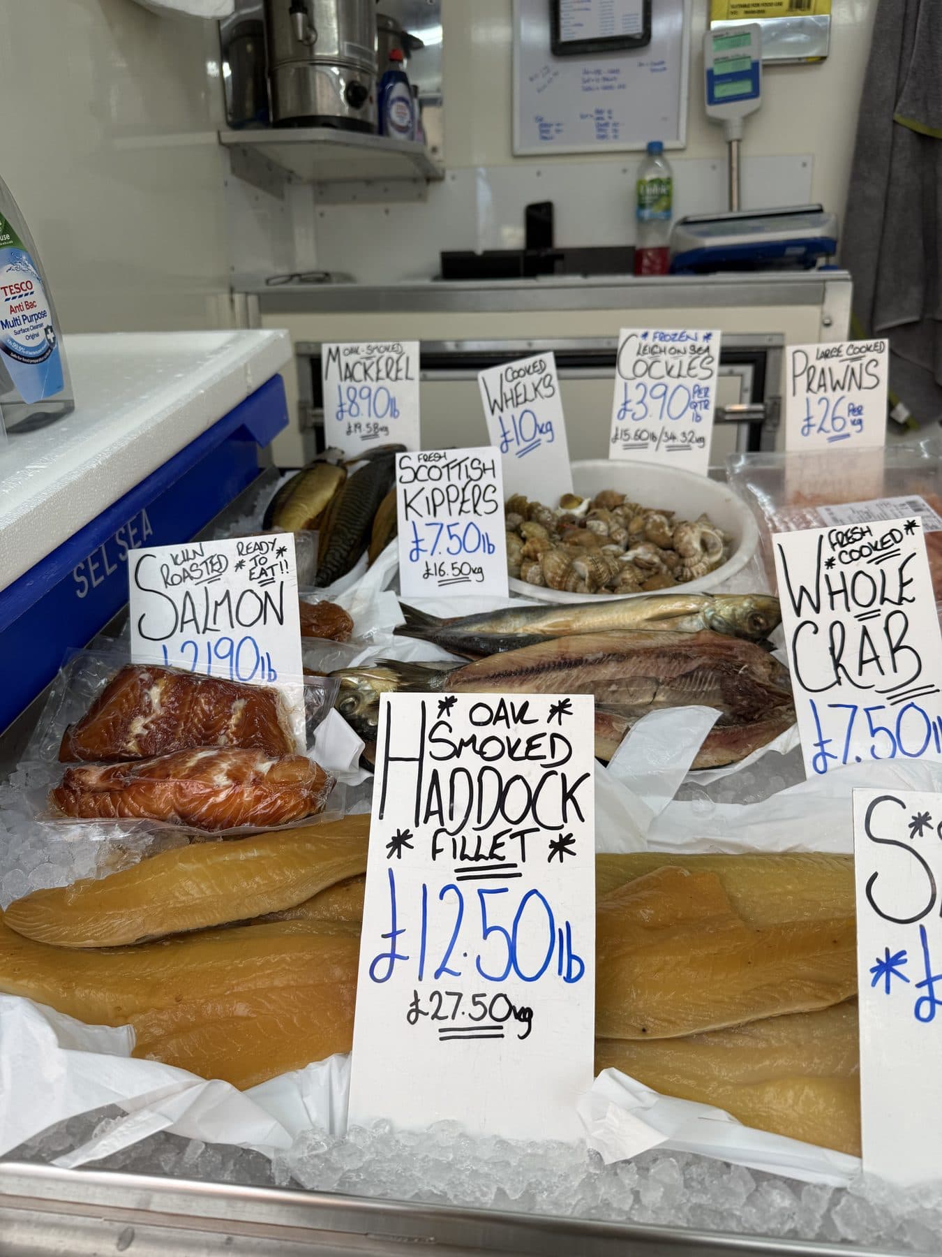 Smoked haddock, kippers, crab and shellfish on the fish counter